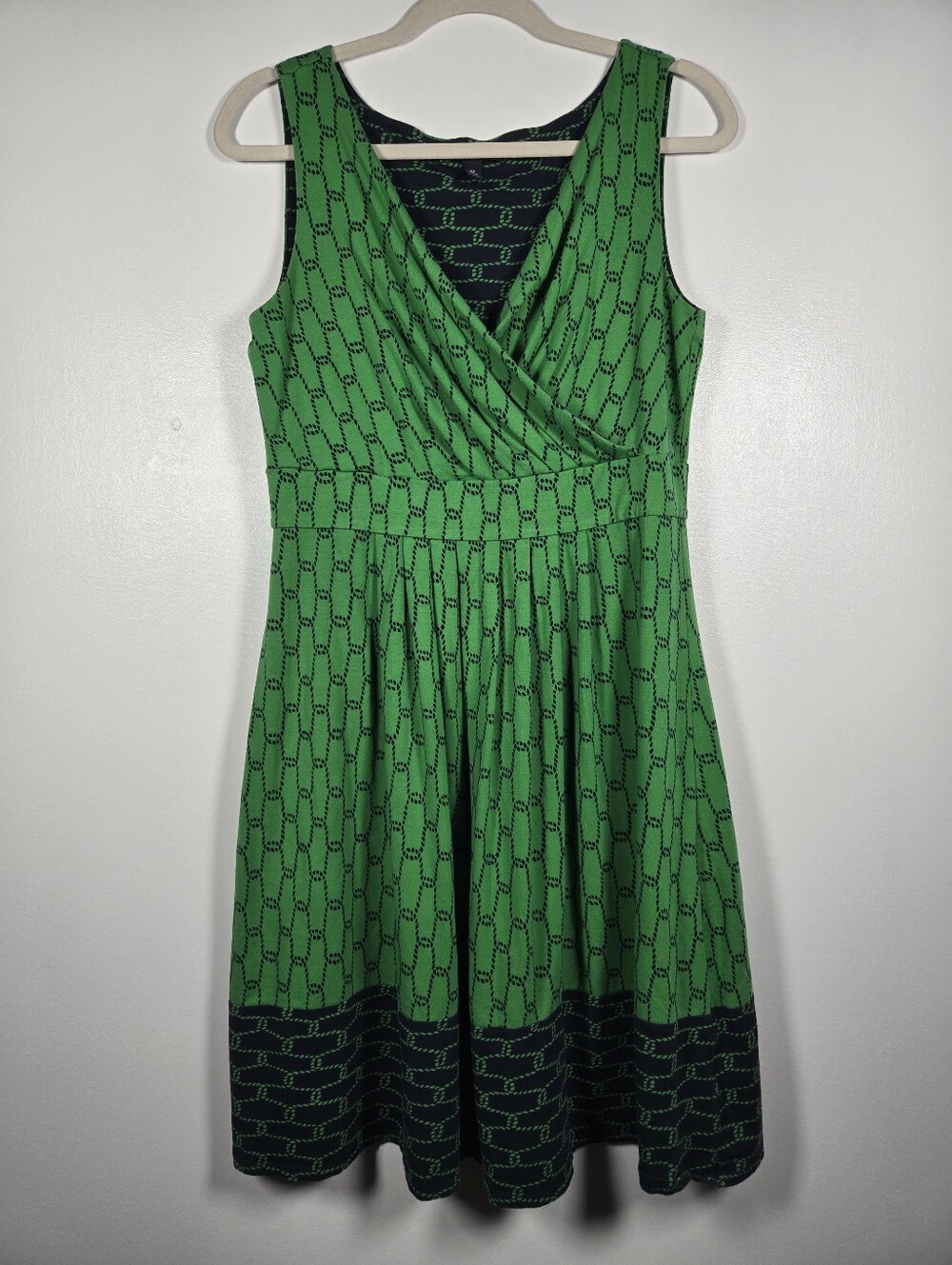 Lands End Faux Wrap V-Neck Sleeveless Dress Size Medium Navy Green Nautical Rope